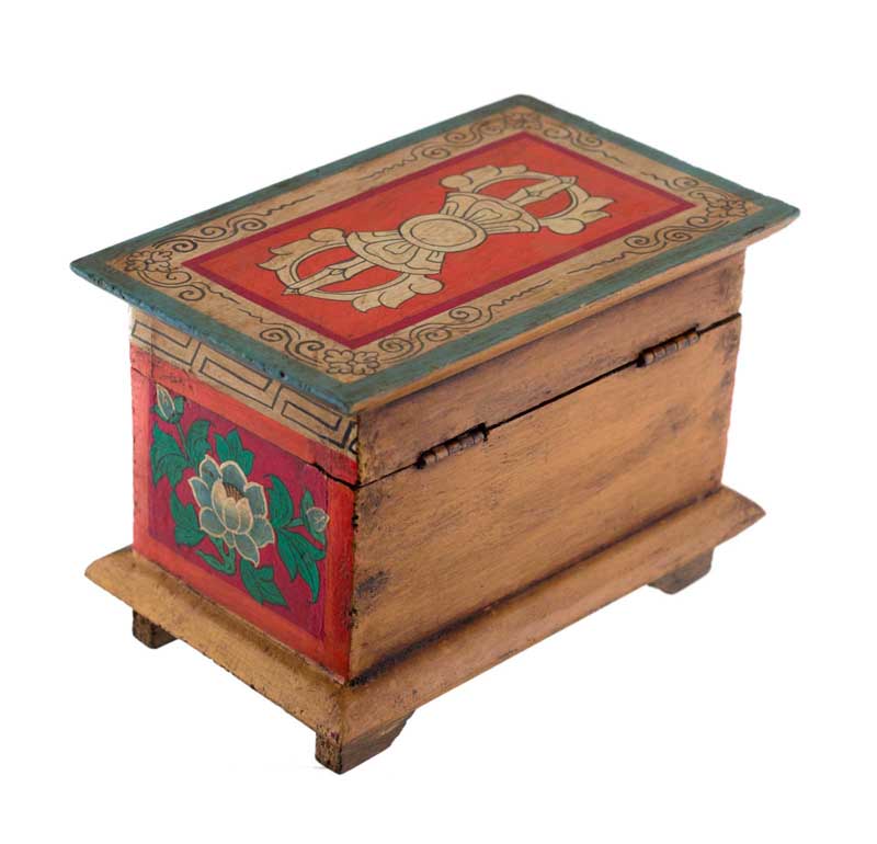 Boîte à bijoux en bois artisanale du Népal – coffret bouddhiste tibétain Vajra, conque et lotus