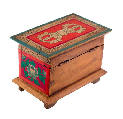 Boîte à bijoux en bois artisanale du Népal – coffret bouddhiste tibétain Vajra, conque et lotus