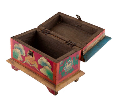 Boîte à bijoux en bois artisanale du Népal – coffret bouddhiste tibétain Vajra, conque et lotus