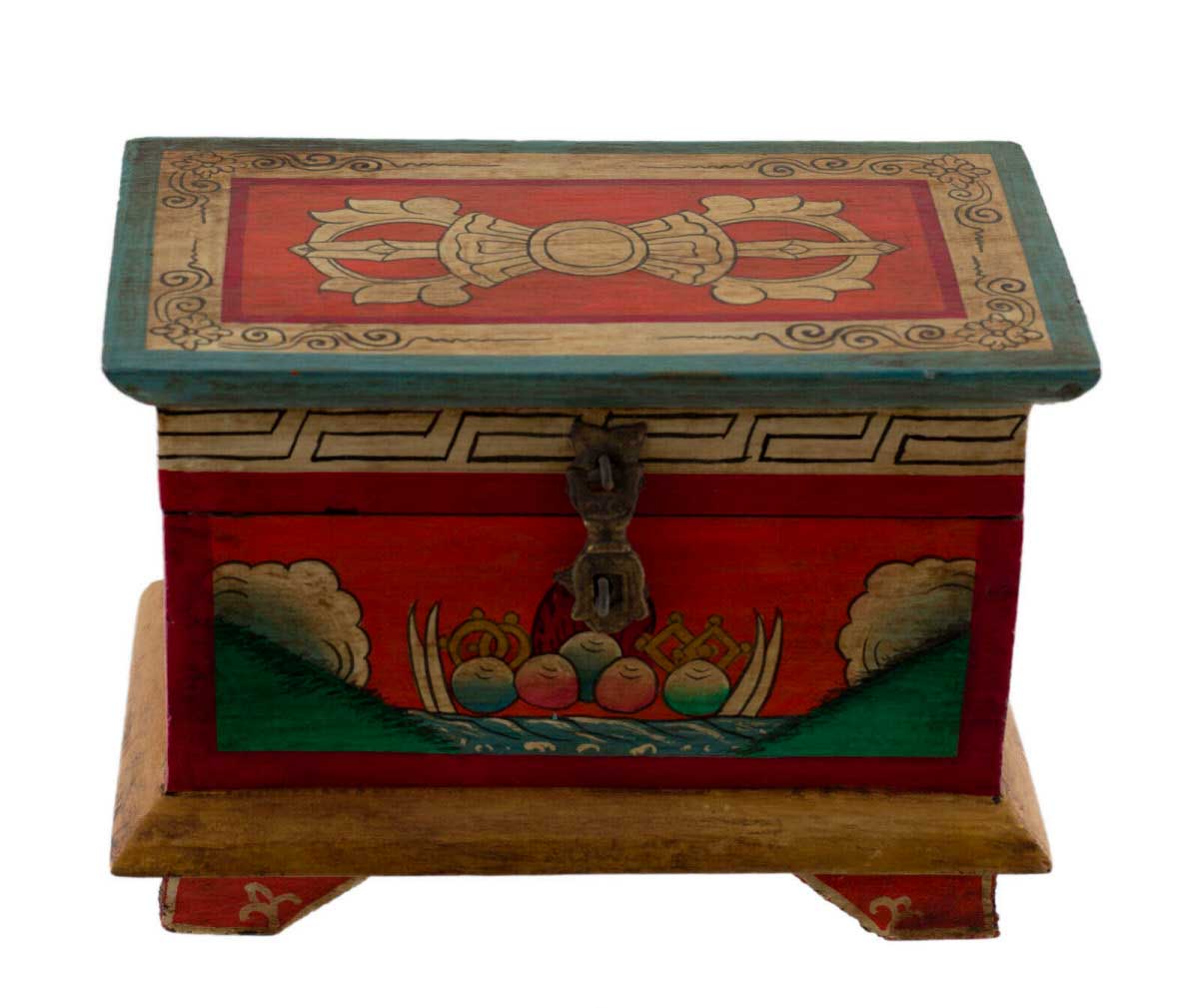 Coffret bouddhiste tibétain en bois peint à la main – symboles Vajra et nœud glorieux