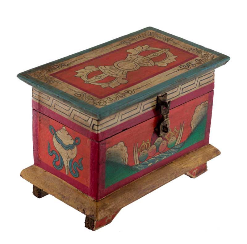 Coffret bouddhiste tibétain en bois peint à la main – symboles Vajra et nœud glorieux