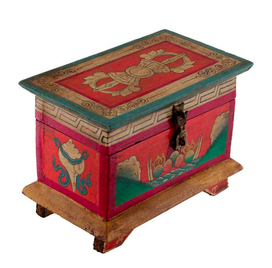 Coffret bouddhiste tibétain en bois peint à la main – symboles Vajra et nœud glorieux