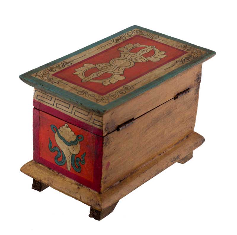 Coffret bouddhiste tibétain en bois peint à la main – symboles Vajra et nœud glorieux