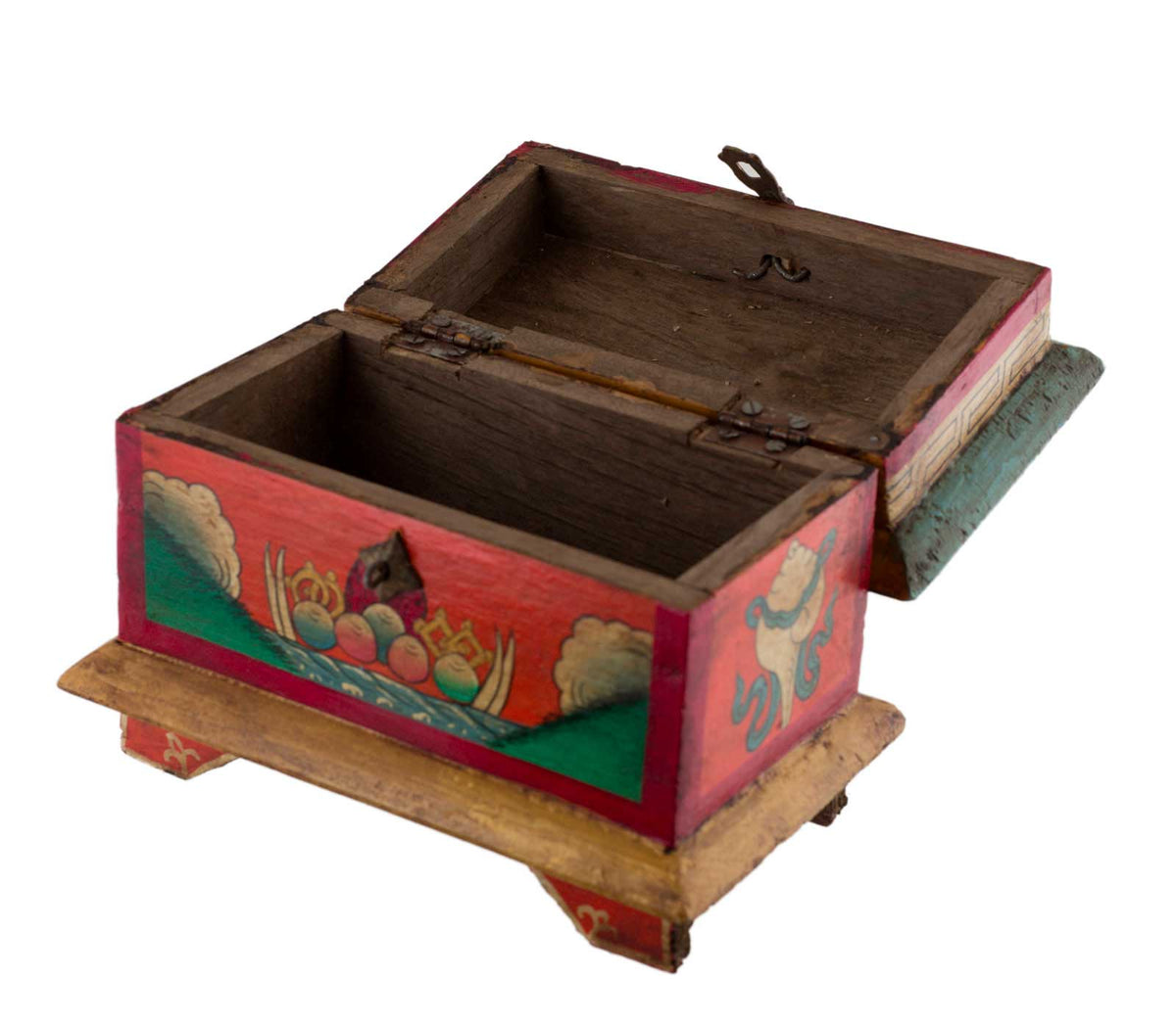 Coffret bouddhiste tibétain en bois peint à la main – symboles Vajra et nœud glorieux