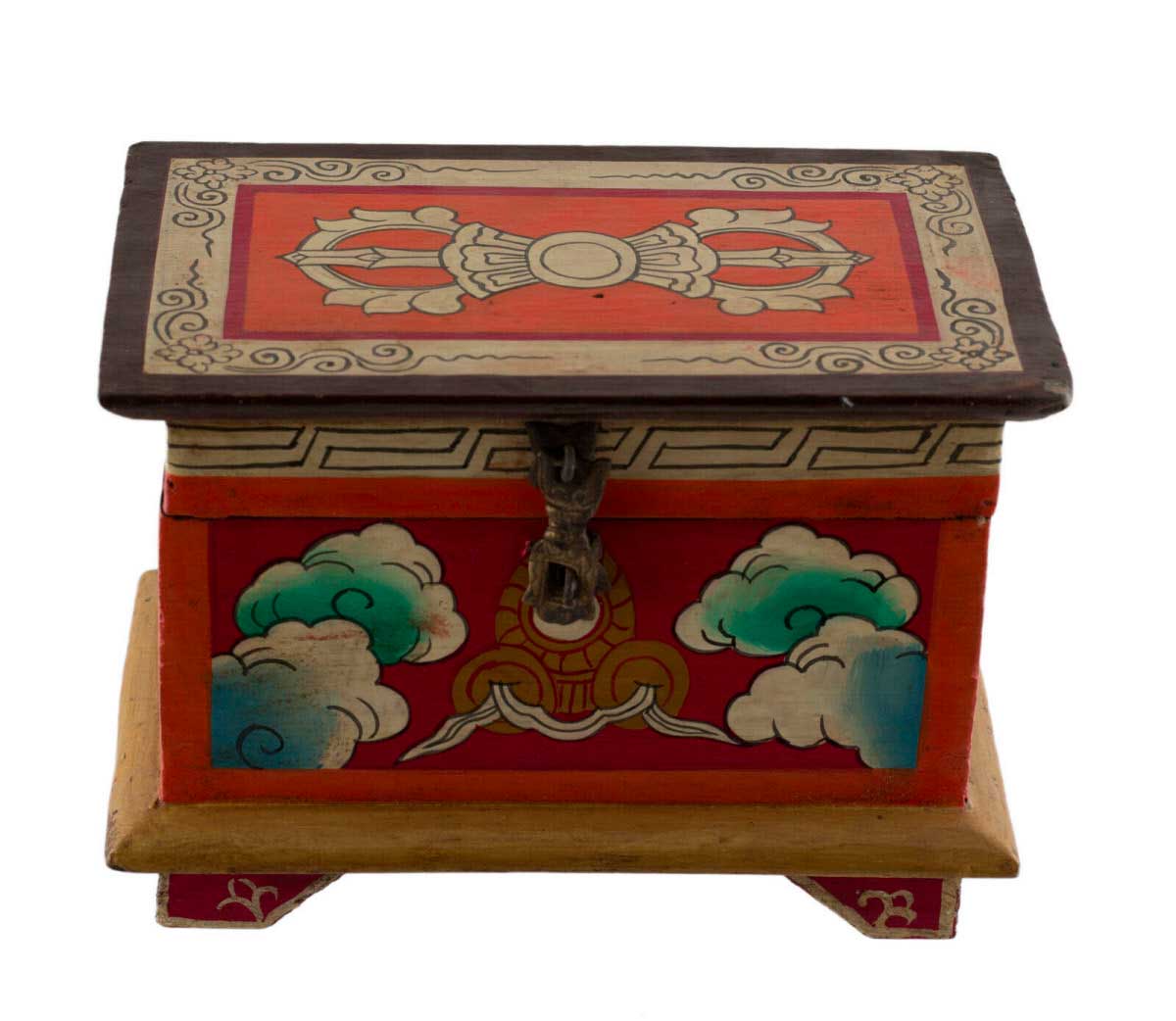 Boîte à bijoux tibétaine en bois peint – coffret bouddhiste artisanal du Népal