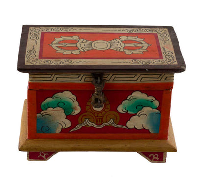 Boîte à bijoux tibétaine en bois peint – coffret bouddhiste artisanal du Népal
