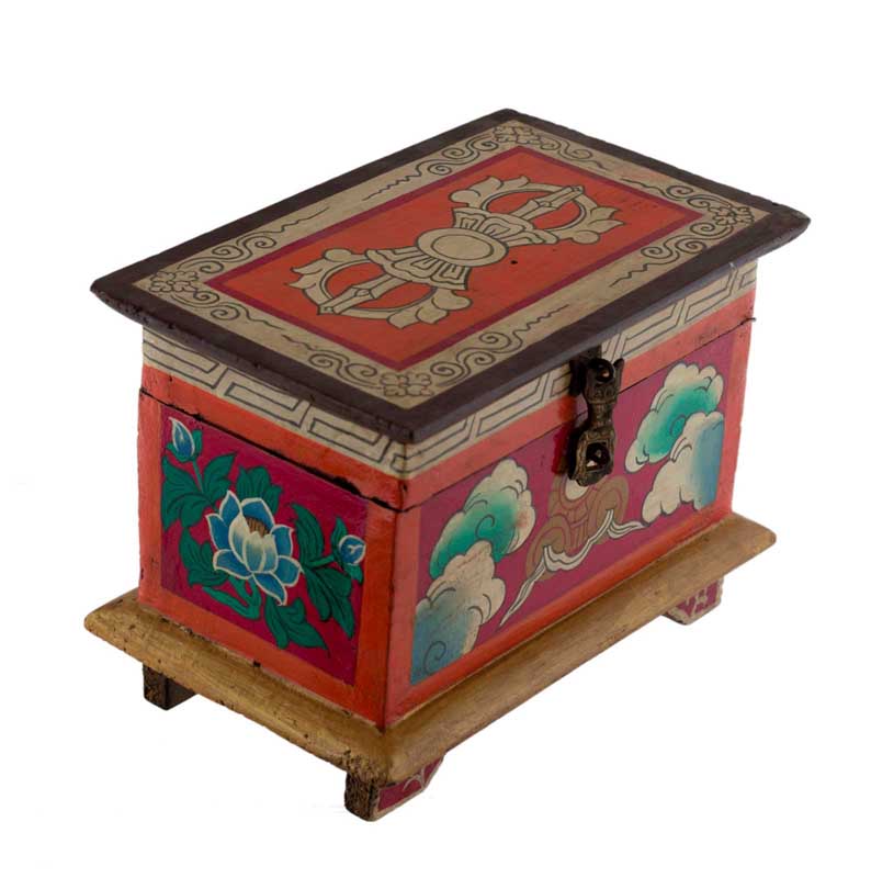 Boîte à bijoux tibétaine en bois peint – coffret bouddhiste artisanal du Népal