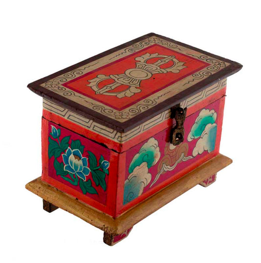 Boîte à bijoux tibétaine en bois peint – coffret bouddhiste artisanal du Népal