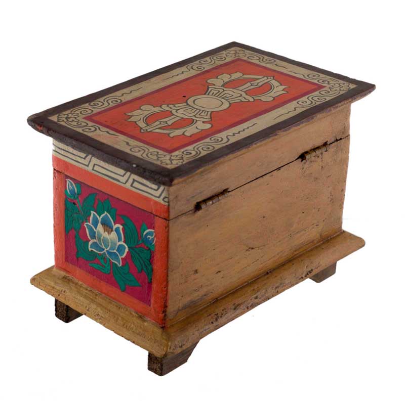 Boîte à bijoux tibétaine en bois peint – coffret bouddhiste artisanal du Népal