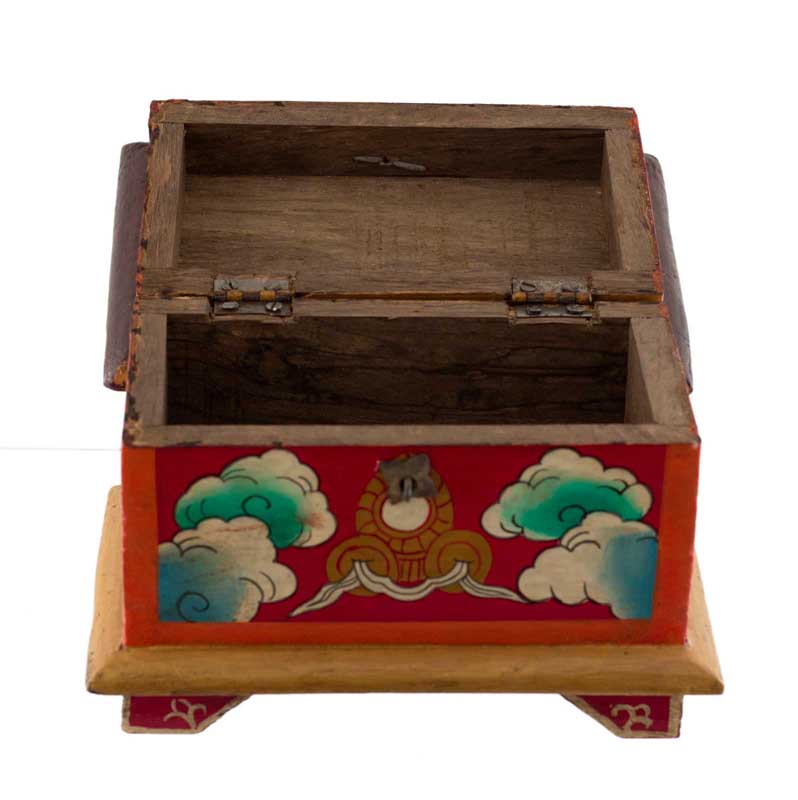 Boîte à bijoux tibétaine en bois peint – coffret bouddhiste artisanal du Népal