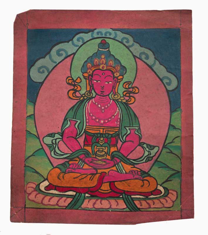 Tsakli Tibétain Bouddha Amitayus – Peinture Miniature Rituelle Bouddhiste