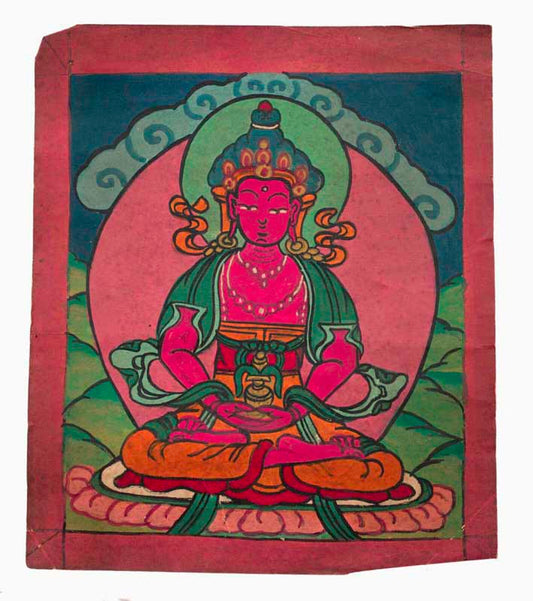 Tsakli Tibétain Bouddha Amitayus – Peinture Miniature Rituelle Bouddhiste