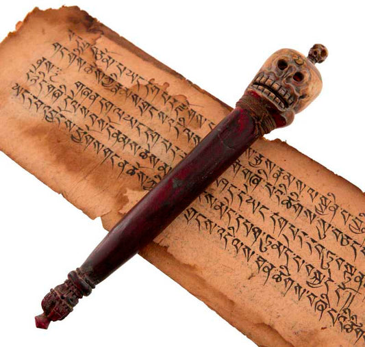 Khatvanga Tibétain en Bois et Os de Bovin – Petit Sceptre Rituel Bouddhiste Tantrique