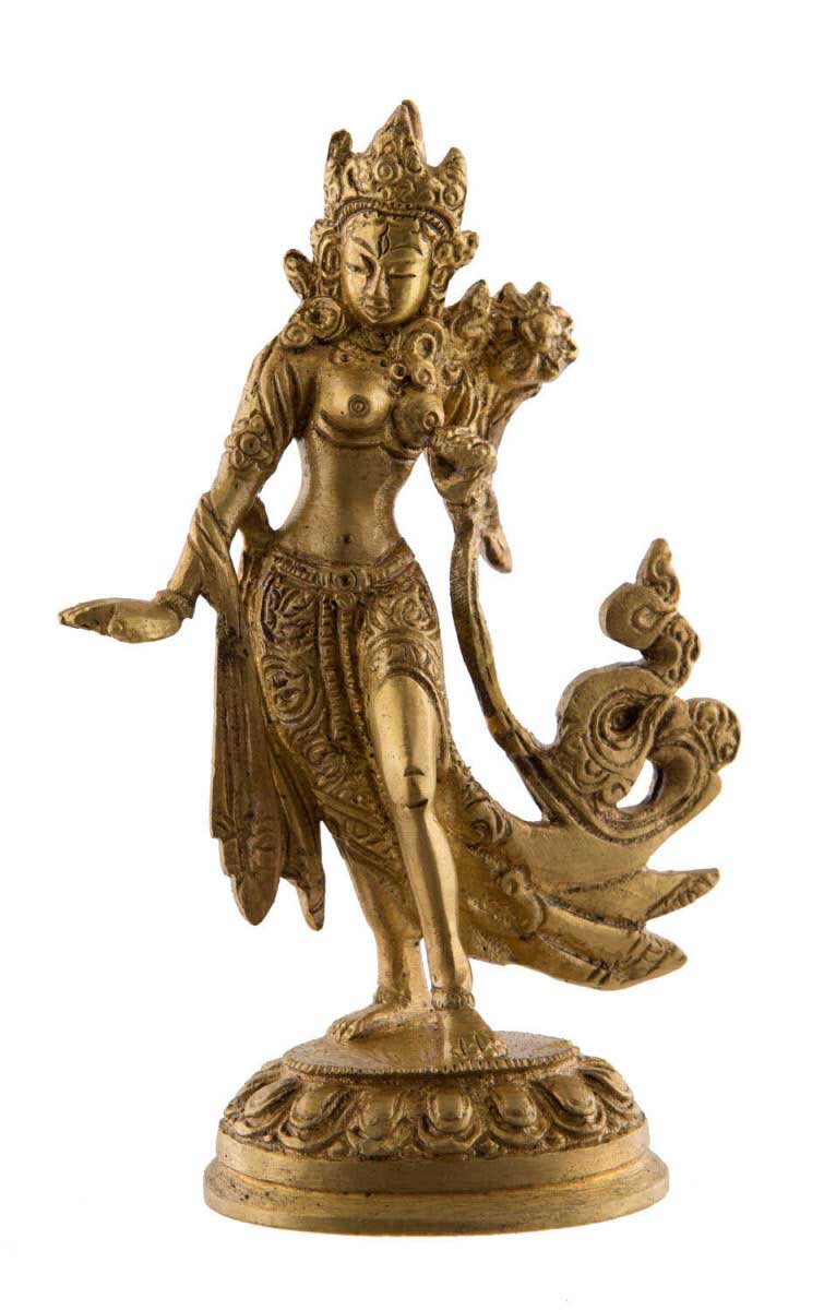 Statue Tara Verte Debout en Laiton Doré – Artisanat Bouddhiste Tibétain du Népal