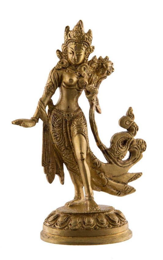 Statue Tara Verte Debout en Laiton Doré – Artisanat Bouddhiste Tibétain du Népal