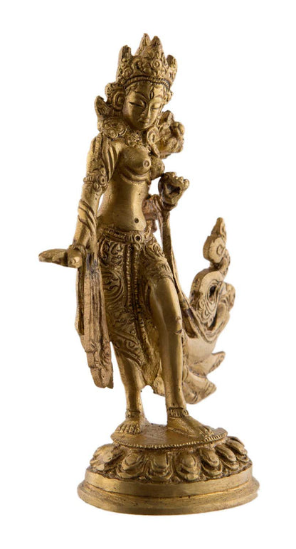 Statue Tara Verte Debout en Laiton Doré – Artisanat Bouddhiste Tibétain du Népal