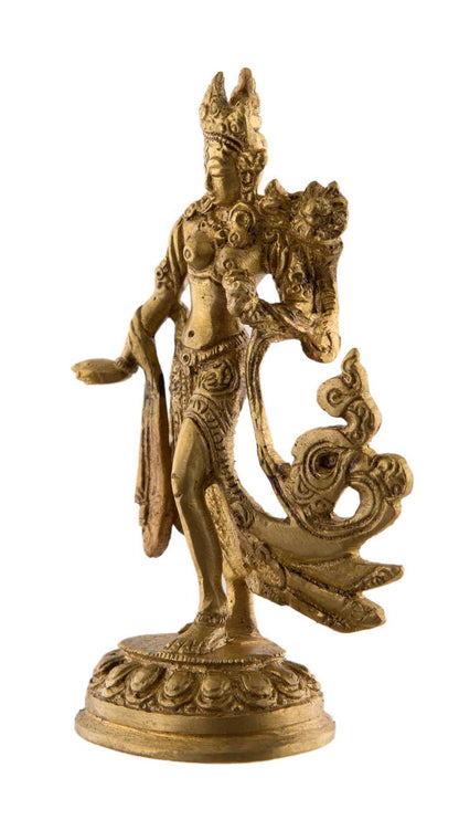 Statue Tara Verte Debout en Laiton Doré – Artisanat Bouddhiste Tibétain du Népal