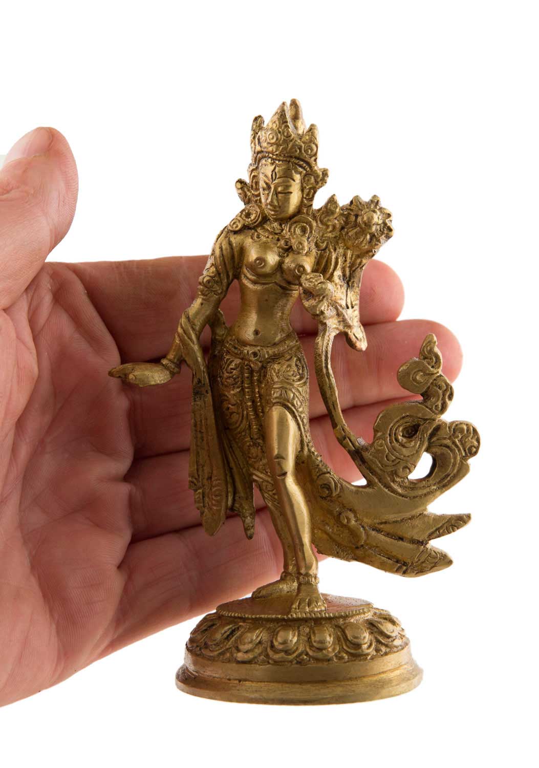 Statue Tara Verte Debout en Laiton Doré – Artisanat Bouddhiste Tibétain du Népal