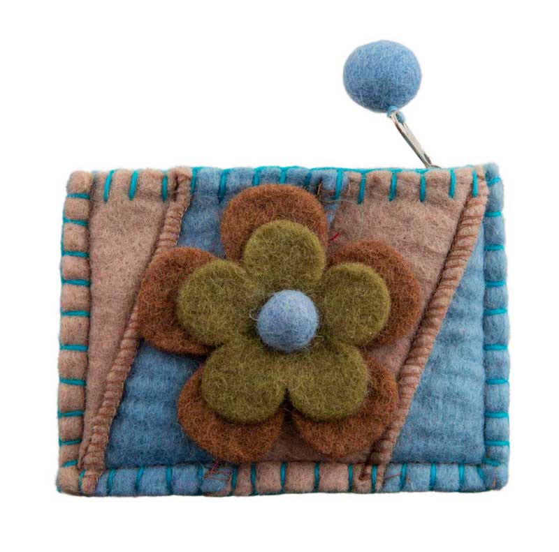 Porte-Monnaie en Feutrine Bleu à Fleurs Marron – Artisanat Népalais
