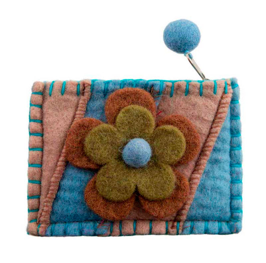 Porte-Monnaie en Feutrine Bleu à Fleurs Marron – Artisanat Népalais