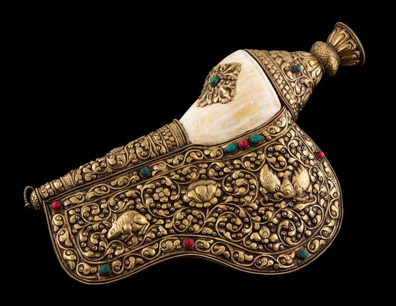 Grande Conque Bouddhiste Tibétaine Shanka – Coquillage Orné en Métal du Népal