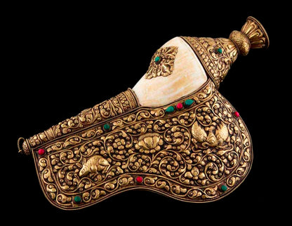 Grande Conque Bouddhiste Tibétaine Shanka – Coquillage Orné en Métal du Népal