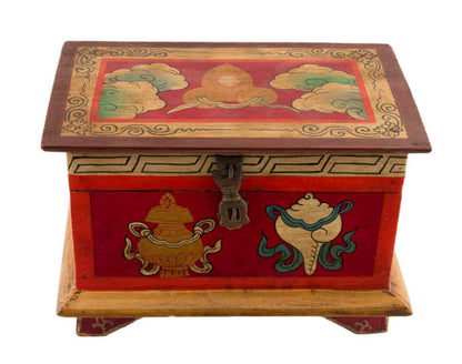 Boîte à bijoux en bois artisanale du Népal – coffret bouddhiste tibétain conque et Vajra