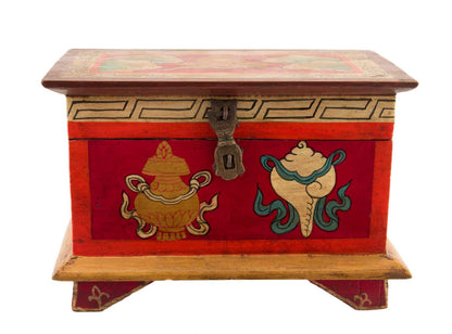 Boîte à bijoux en bois artisanale du Népal – coffret bouddhiste tibétain conque et Vajra