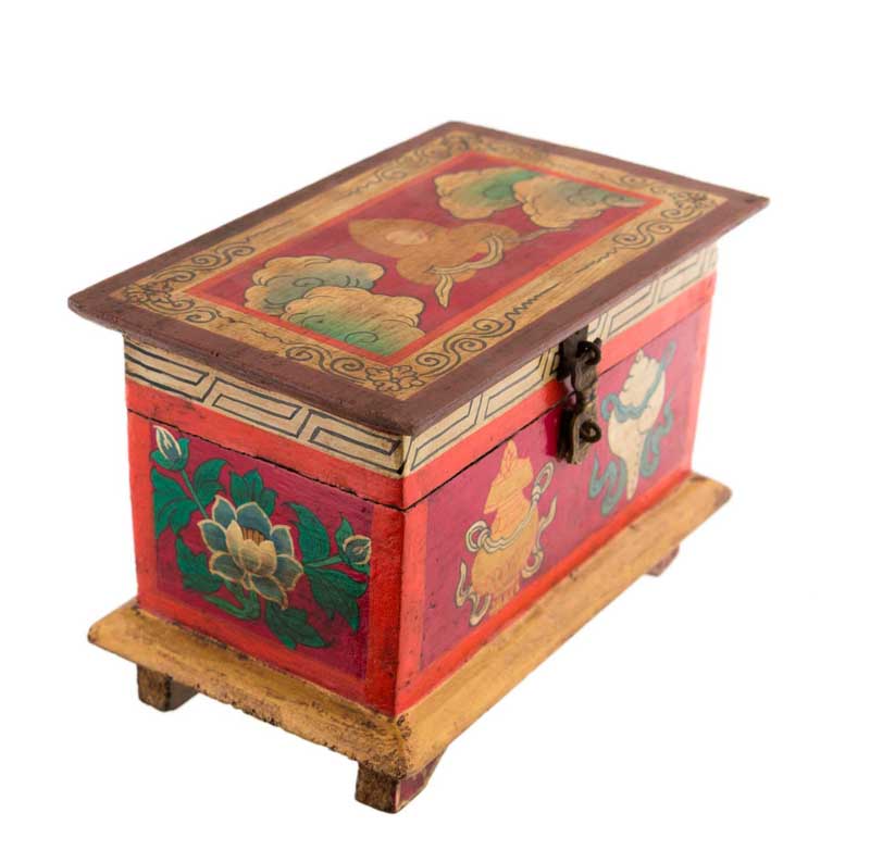 Boîte à bijoux en bois artisanale du Népal – coffret bouddhiste tibétain conque et Vajra