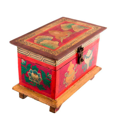 Boîte à bijoux en bois artisanale du Népal – coffret bouddhiste tibétain conque et Vajra