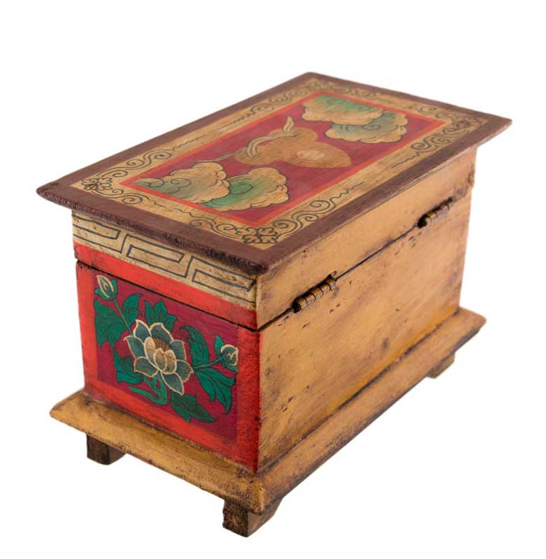 Boîte à bijoux en bois artisanale du Népal – coffret bouddhiste tibétain conque et Vajra