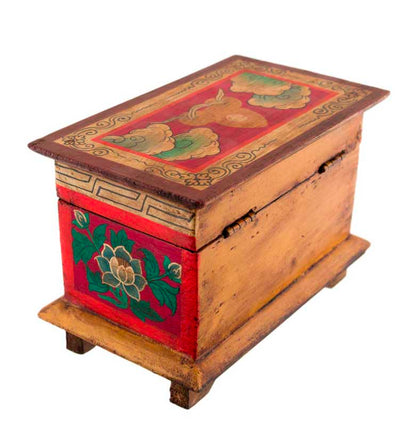 Boîte à bijoux en bois artisanale du Népal – coffret bouddhiste tibétain conque et Vajra