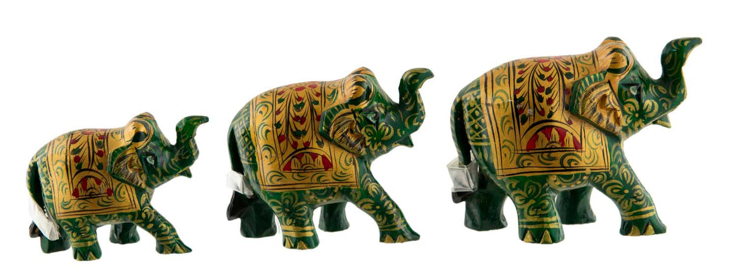 Statues Éléphant En Bois Peint Vert – Trompe En L’Air – Artisanat Indien