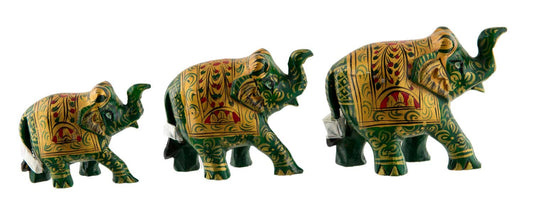 Statues Éléphant En Bois Peint Vert – Trompe En L’Air – Artisanat Indien