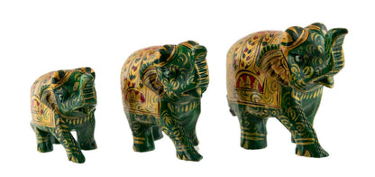 Statues Éléphant En Bois Peint Vert – Trompe En L’Air – Artisanat Indien