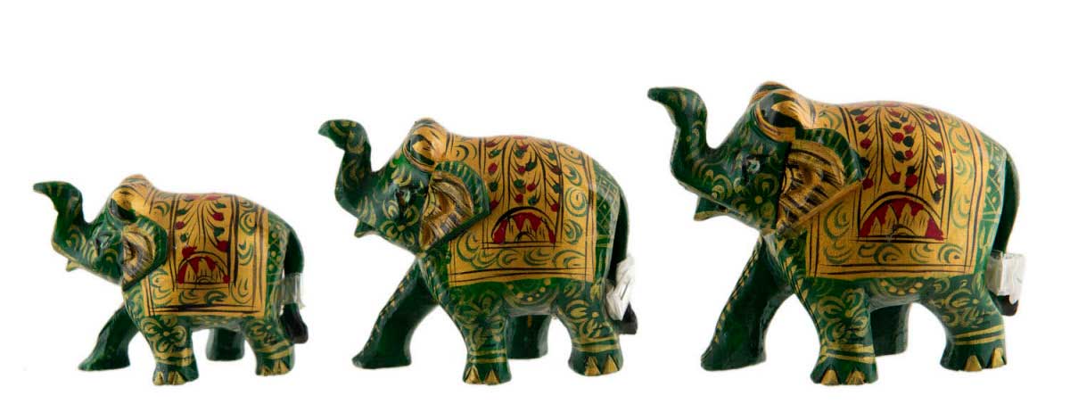 Statues Éléphant En Bois Peint Vert – Trompe En L’Air – Artisanat Indien