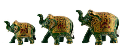 Statues Éléphant En Bois Peint Vert – Trompe En L’Air – Artisanat Indien