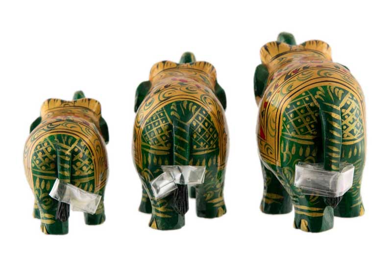 Statues Éléphant En Bois Peint Vert – Trompe En L’Air – Artisanat Indien