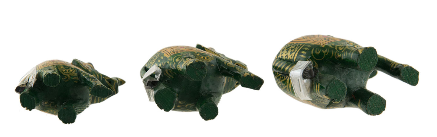 Statues Éléphant En Bois Peint Vert – Trompe En L’Air – Artisanat Indien