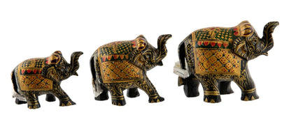 Statuettes Éléphant en Bois Noir Peint – Trompe en l'Air, Artisanat Indien
