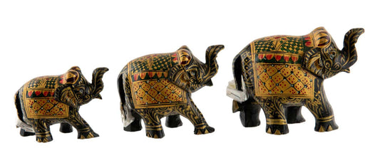 Statuettes Éléphant en Bois Noir Peint – Trompe en l'Air, Artisanat Indien