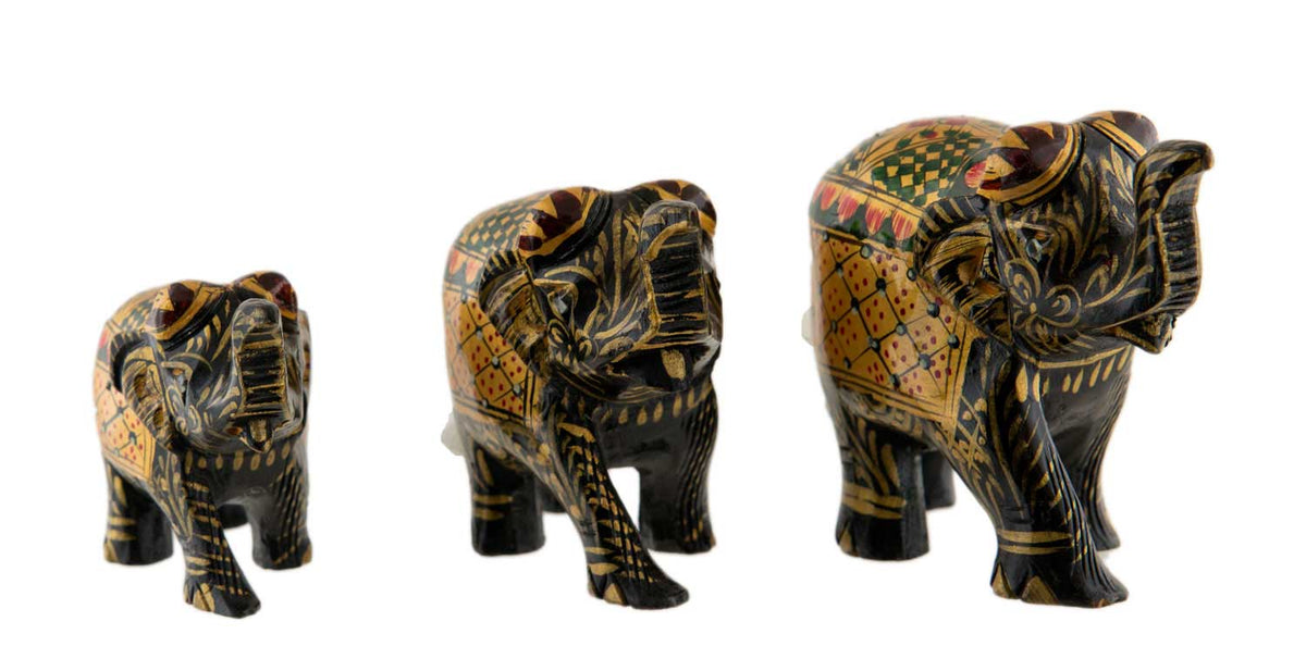 Statuettes Éléphant en Bois Noir Peint – Trompe en l'Air, Artisanat Indien