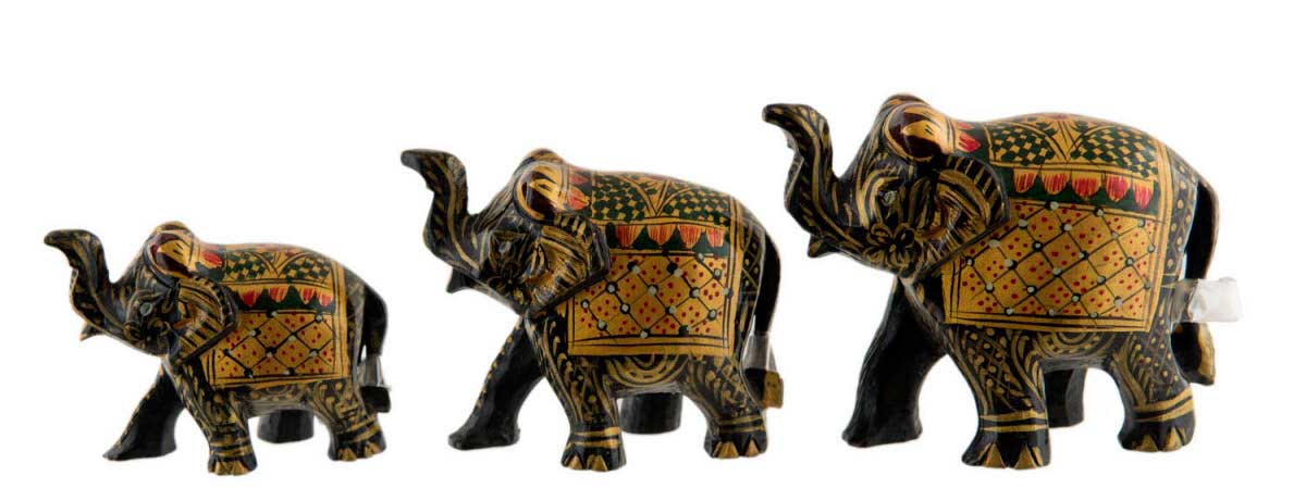 Statuettes Éléphant en Bois Noir Peint – Trompe en l'Air, Artisanat Indien
