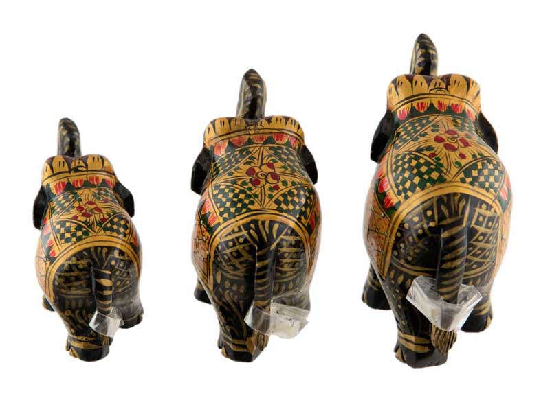 Statuettes Éléphant en Bois Noir Peint – Trompe en l'Air, Artisanat Indien