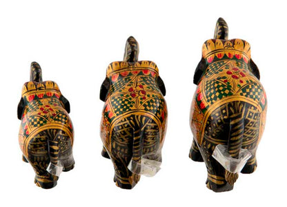 Statuettes Éléphant en Bois Noir Peint – Trompe en l'Air, Artisanat Indien