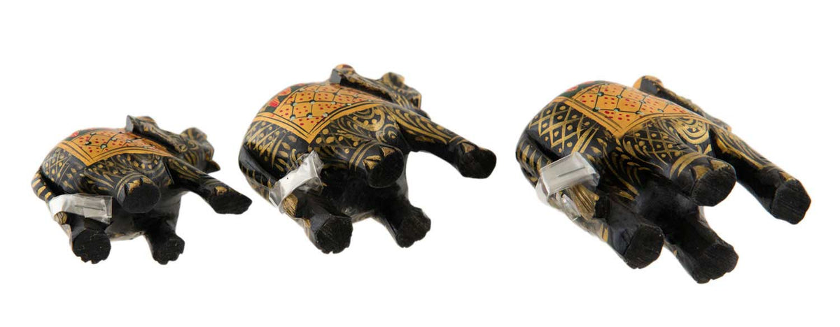 Statuettes Éléphant en Bois Noir Peint – Trompe en l'Air, Artisanat Indien