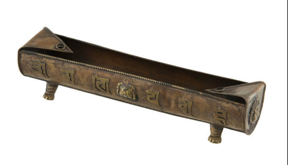 Porte-encens tibétain en cuivre et laiton – brûleur d'encens décoré de mantras