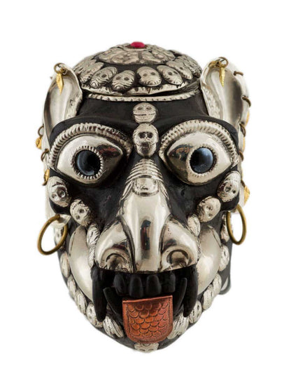 Crâne de Singe Kapala Bouddhiste en Résine et Métal – Objet Rituel Tibétain