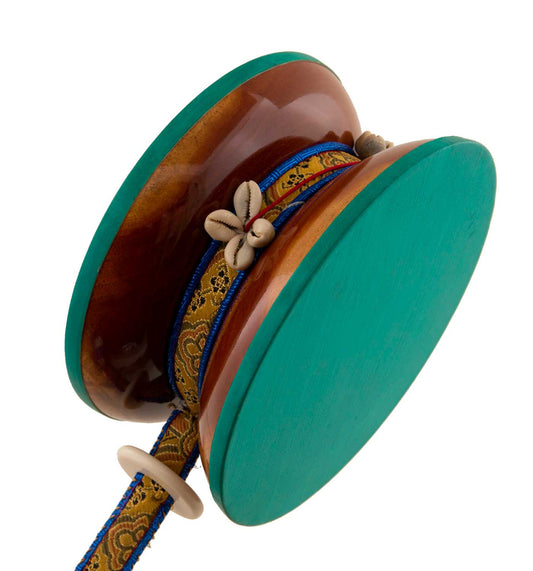 Grand Damaru Tibétain – Tambourin Rituel du Chöd en Bois de Santang (Acacia) avec Étui