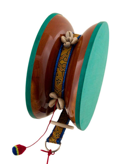 Grand Damaru Tibétain – Tambourin Rituel du Chöd en Bois de Santang (Acacia) avec Étui